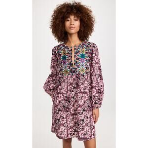 FIGUE Lucie Mini Dress Batik Embellished Long Puff Sleeve Embroidered Cotton M